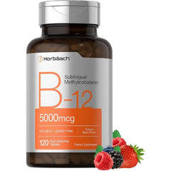 Horbäach B12 Vitamin 5000 mcg 120 Fast Dissolve Tablets Sublingual Methylcobalamin Vegetarian, Non GMO & Gluten Free Supplement