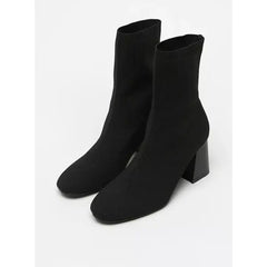 MAX FASHION Solid Slip-On Boots with Block Heels-Black