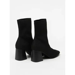 MAX FASHION Solid Slip-On Boots with Block Heels-Black