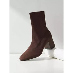 MAX FASHION Solid Slip-On Boots with Block Heels-Brown