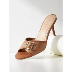 MAX FASHION Textured Slip-On Stiletto Heel Sandals with Buckle Accent-Brown