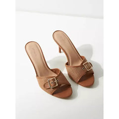 MAX FASHION Textured Slip-On Stiletto Heel Sandals with Buckle Accent-Brown