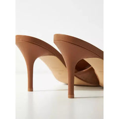 MAX FASHION Textured Slip-On Stiletto Heel Sandals with Buckle Accent-Brown