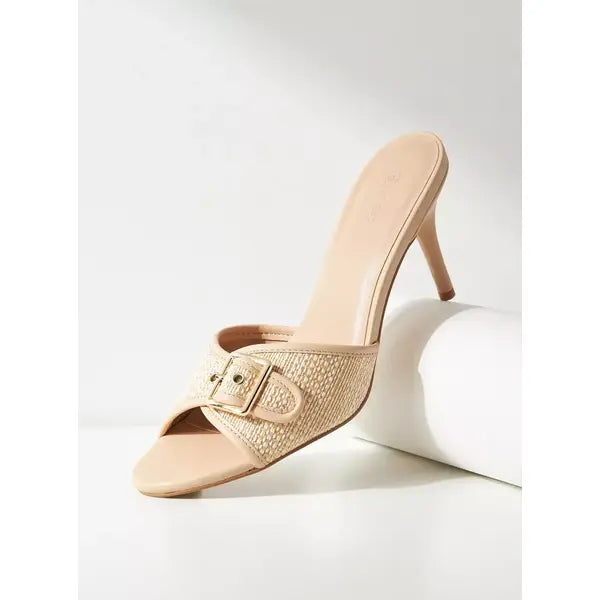 MAX FASHION Textured Slip-On Stiletto Heel Sandals with Buckle Accent-Sandals