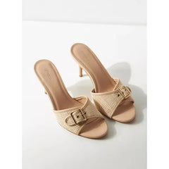 MAX FASHION Textured Slip-On Stiletto Heel Sandals with Buckle Accent-Sandals