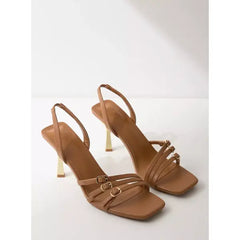 MAX FASHION Buckle Detail Slip-On Slingback Sandals with Stiletto Heels-Brown