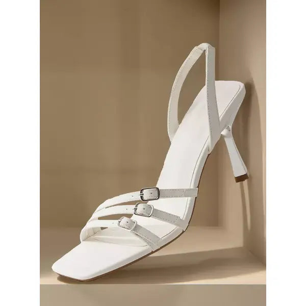 MAX FASHION Buckle Detail Slip-On Slingback Sandals with Stiletto Heels-White