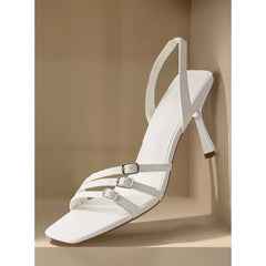 MAX FASHION Buckle Detail Slip-On Slingback Sandals with Stiletto Heels-White