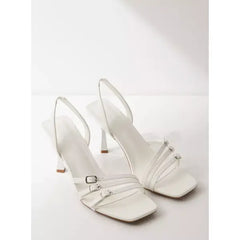 MAX FASHION Buckle Detail Slip-On Slingback Sandals with Stiletto Heels-White