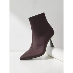 MAX FASHION Plain Pointed Toe Ankle Boots with Stiletto Heels and Zip Closure-Brown