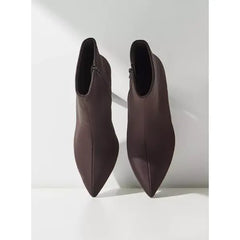 MAX FASHION Plain Pointed Toe Ankle Boots with Stiletto Heels and Zip Closure-Brown