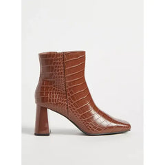 MAX FASHION Textured Ankle Boots with Block Heels-Brown