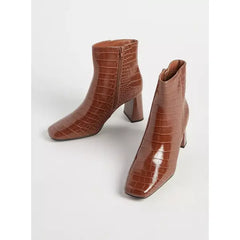 MAX FASHION Textured Ankle Boots with Block Heels-Brown