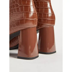 MAX FASHION Textured Ankle Boots with Block Heels-Brown