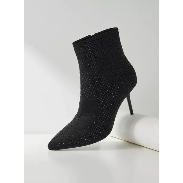 MAX FASHION Embellished Ankle Boots with Stiletto Heels-Black