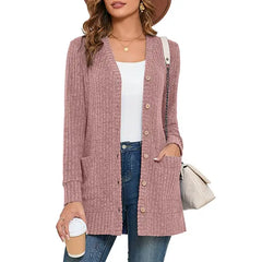 SHOWMALL Women's Long Sleeve Open Front Cardigan Button Down Apricot M Ribbed Lightweight Knit Outerwear with Pocket