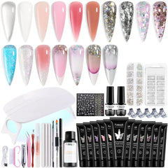 Fcozpjk Poly Extension Gel Nail Kit with Slip Solution Dual Nail Form Brush Clear White Nide Pink Poly Nail Gel with Clips for Poly Gel Brush Pen Starter Kit for Home Manicure Set
