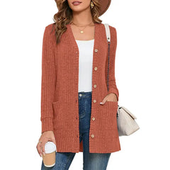 SHOWMALL Women's Long Sleeve Open Front Cardigan Button Down Apricot M Ribbed Lightweight Knit Outerwear with Pocket