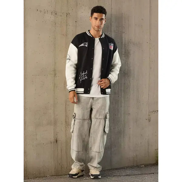 NFL Patriots Print Oversized Fit Bomber Jacket - Black