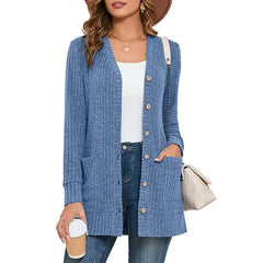 SHOWMALL Women's Long Sleeve Open Front Cardigan Button Down Apricot M Ribbed Lightweight Knit Outerwear with Pocket
