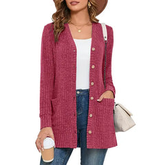 SHOWMALL Women's Long Sleeve Open Front Cardigan Button Down Apricot M Ribbed Lightweight Knit Outerwear with Pocket