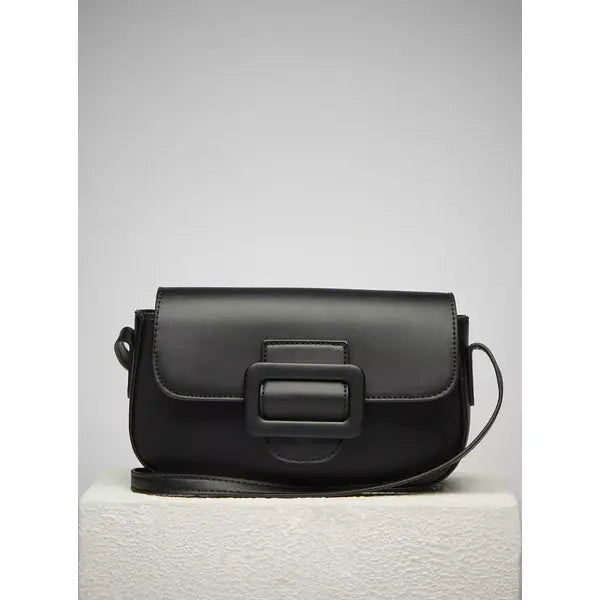 Textured Shoulder Bag with Magnetic Snap Closure-Black