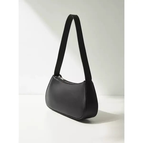 Plain Baguette Bag with Adjustable Strap and Zipper Closure-Black