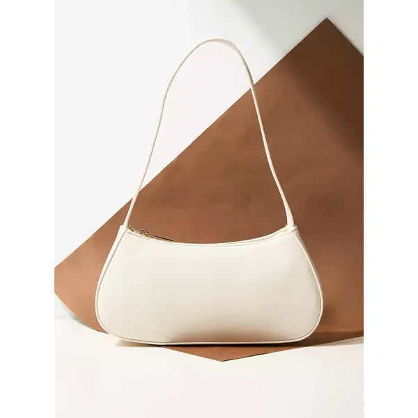 Plain Baguette Bag with Adjustable Strap and Zipper Closure-White