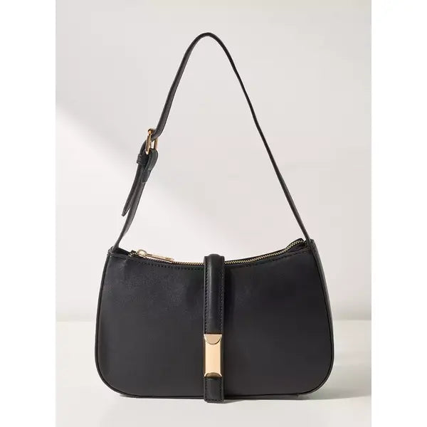 Plain Baguette Bag with Adjustable Strap and Magnetic Closure-Black