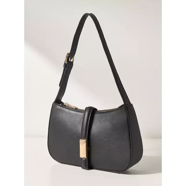 Plain Baguette Bag with Adjustable Strap and Magnetic Closure-Black