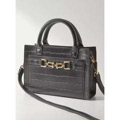 Textured Crossbody Bag with Detachable Strap and Zip Closure-Black