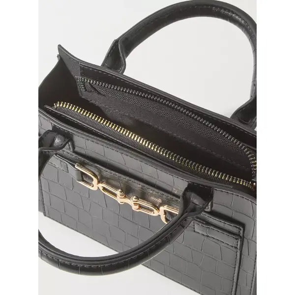 Textured Crossbody Bag with Detachable Strap and Zip Closure-Black