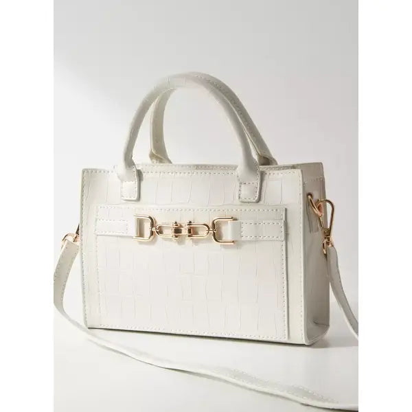 Textured Crossbody Bag with Detachable Strap and Zip Closure-white