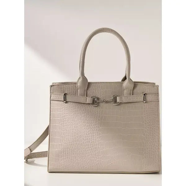 MAX FASHION Textured Tote Bag with Double Handle and Metal Accent-Cream