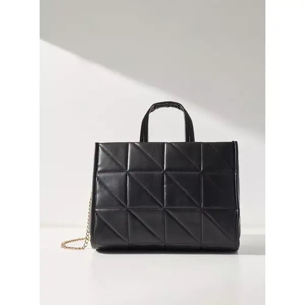 MAX FASHION Quilted Tote Bag with Detachable Chain Strap-Black