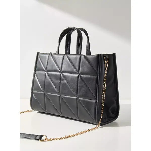 MAX FASHION Quilted Tote Bag with Detachable Chain Strap-Black