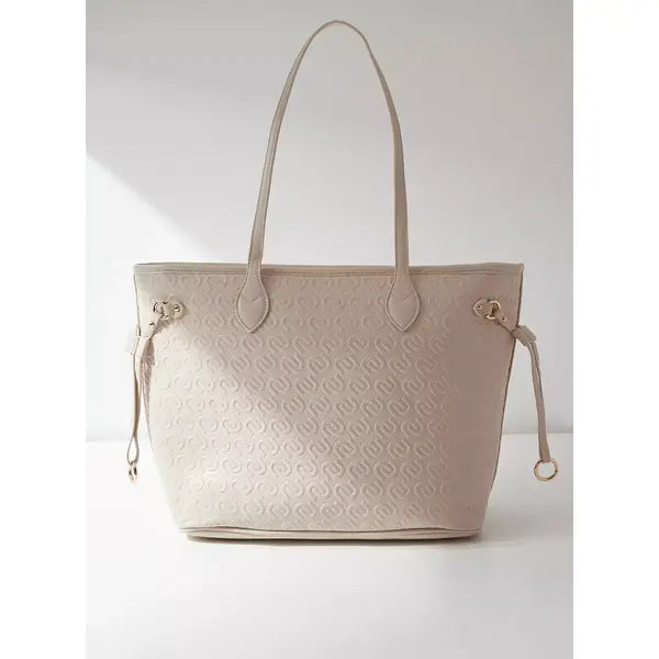 Textured Bag with Zip Closure and Top Handle-Cream