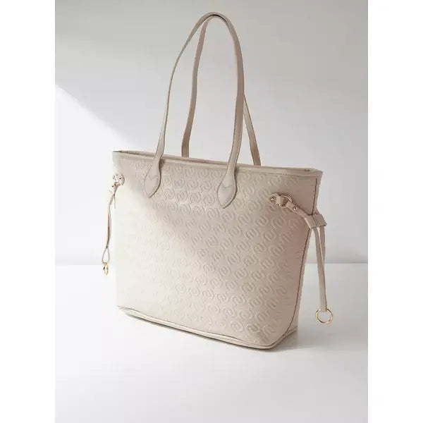 Textured Bag with Zip Closure and Top Handle-Cream