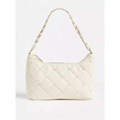 Quilted Shoulder Bag with Chain Strap and Zip Closure-white