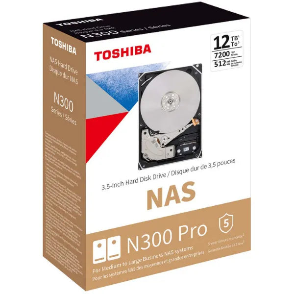 Toshiba N300 Pro 12TB 3.5" NAS Hard Drive – 7200 RPM, SATA 6Gb/s (HDWG51CXZSTB)