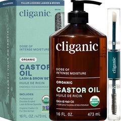 Cliganic Organic Castor Oil, 100% Pure (8, 16oz with Eyelash Kit) - For Eyelashes, Eyebrows, Hair & Skin | Bulk, Natural Cold Pressed Unrefined Hexane-Free | DIY Carrier Oil