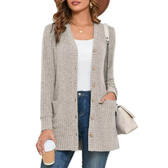 SHOWMALL Women's Long Sleeve Open Front Cardigan Button Down Apricot M Ribbed Lightweight Knit Outerwear with Pocket