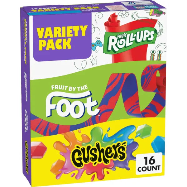 Fruit by the Foot Fruit Roll-Ups, and Gushers Fruit Flavored Snacks Variety Pack, Gluten Free, 16 Pouches, 10.2 oz