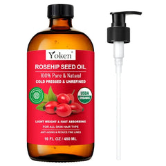 Yoken Organic Rosehip Seed Oil for Face, 100% Pure and Natural Cold Pressed Unrefined Rosehip Oil Carrier for Skin, Hair & Nails - Lightweight, Fast-Absorbing
