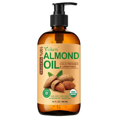 Yoken Organic Almond Oil, USDA 100% Pure Natural Cold Pressed Almond Oils in Glass Bottle, Moisturizing Carrier Oil for Face, Hair & Body - Ideal for Skin Care, Soothing Massage & DIY Beauty