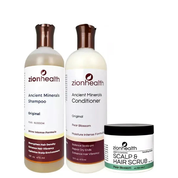 Zion Health Nourishing Summer Hair Bundle , Pear Blossom Shampoo 16 oz +Conditioner 16 oz + Scalp Hair Scrub 4 oz