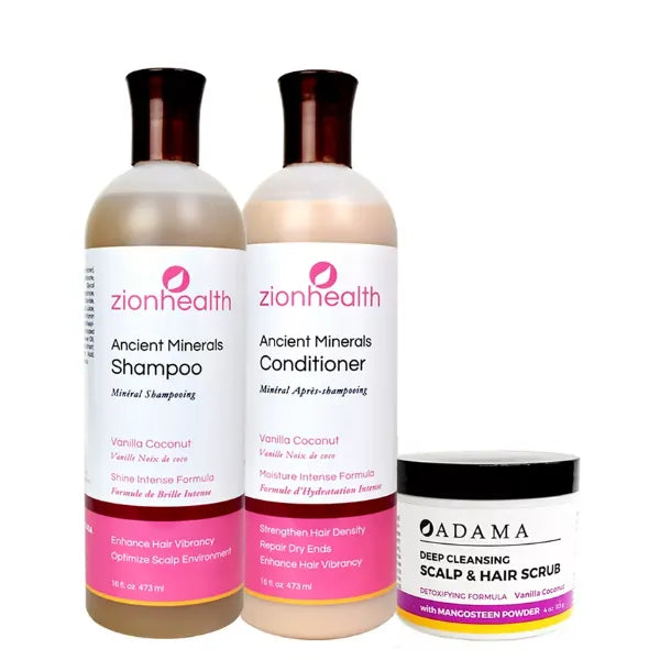 Zion Health Tropical Blend Hair Bundle Vanilla Coconut Shampoo 16 oz + Conditioner 16 oz + Scalp Hair Scrub 4 oz