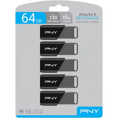 PNY Attache X 64GB USB 3.2 Flash Drive, 130MB/s, 5-Pack – Black