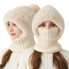 EIMELI 3-in-1 Winter Beanie with Ear Flaps, Neck Warmer & Face Mask - Fleece-Lined Knit Hat for Women