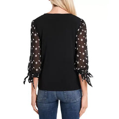Macy's Women's Crewneck Puff 3/4-Tie Sleeve Knit Top-Rich-Black